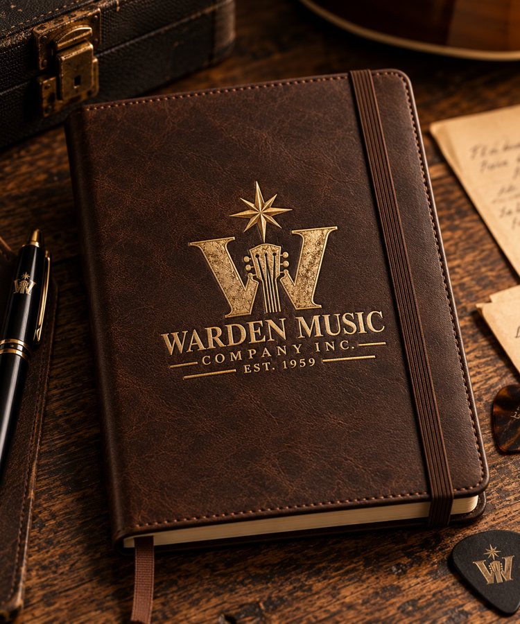 Brown leather-look notebook with a gold foil-stamped crest