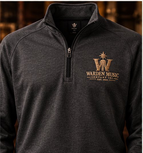 Charcoal quarter-zip with the crest embroidered on the left chest
