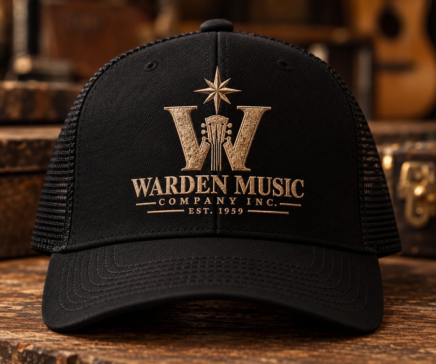 Black mesh trucker hat with the gold embroidered Warden Music crest