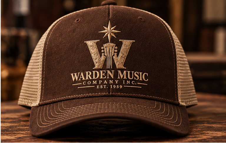 Brown front, tan mesh trucker hat with the embroidered crest