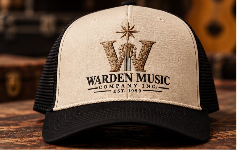 Cream front, black mesh trucker hat with the embroidered crest