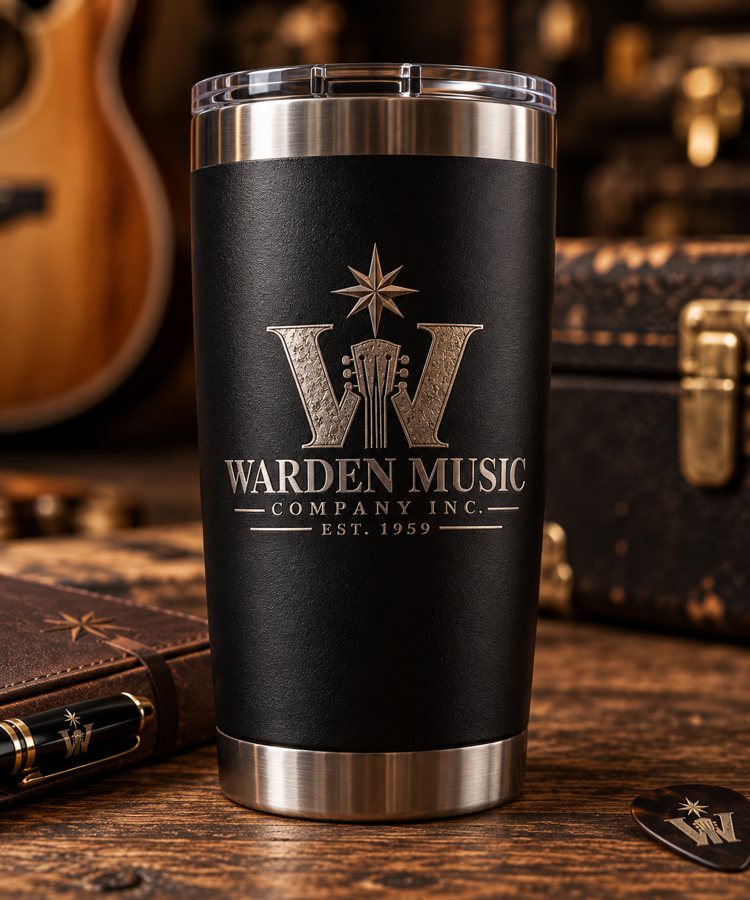 Black stainless tumbler with a laser-etched crest